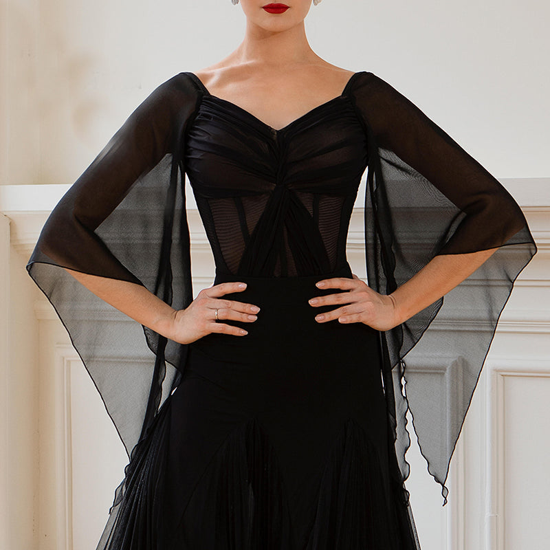 TID-Women's Black Chiffon Ballroom Bodysuit Dance Tops Dance Wear