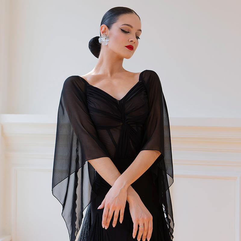 TID-Women's Black Chiffon Ballroom Bodysuit Dance Tops Dance Wear