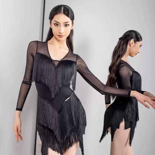 YES Women's Tassel V Neck Dress Dance Wear Training Performance Dress