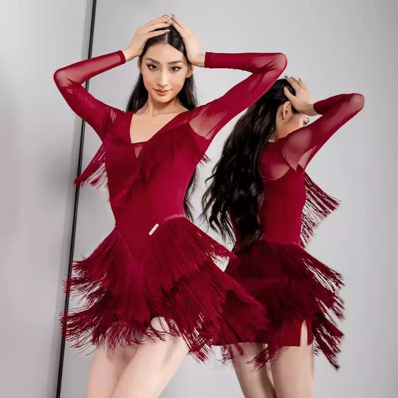 YES Women's Tassel V Neck Dress Dance Wear Training Performance Dress