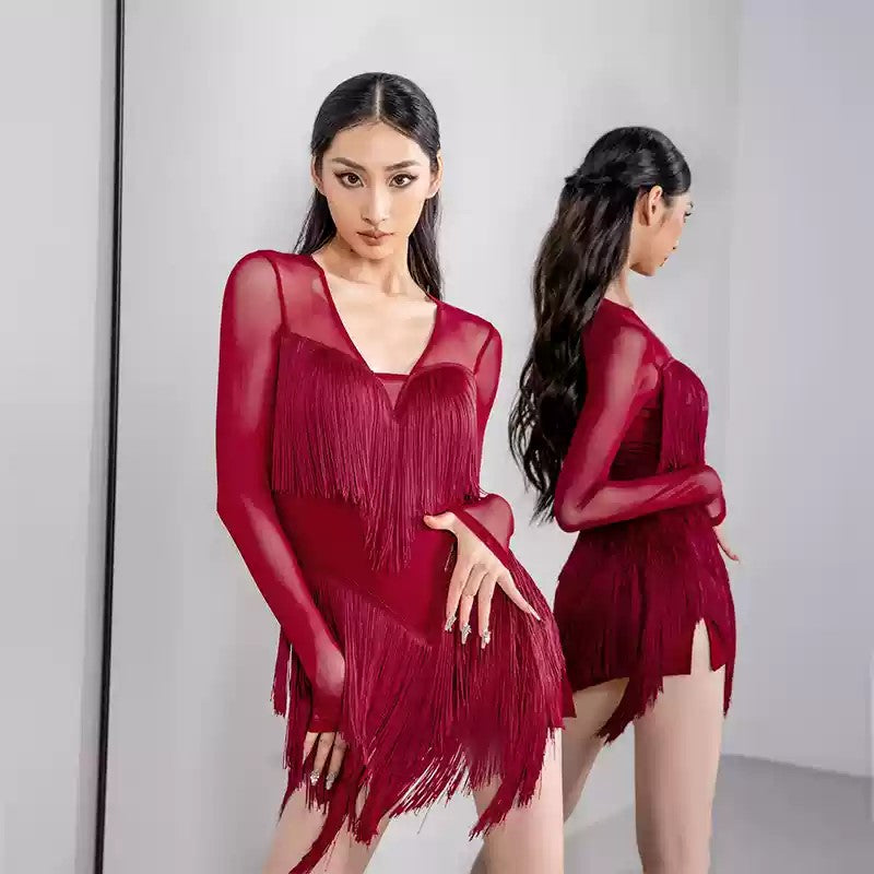 YES Women's Tassel V Neck Dress Dance Wear Training Performance Dress