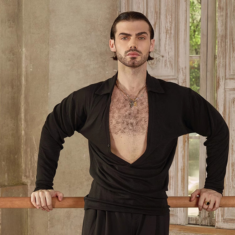 Z Men's Long Sleeve V Neck Latin Dance Tops Dance Wear