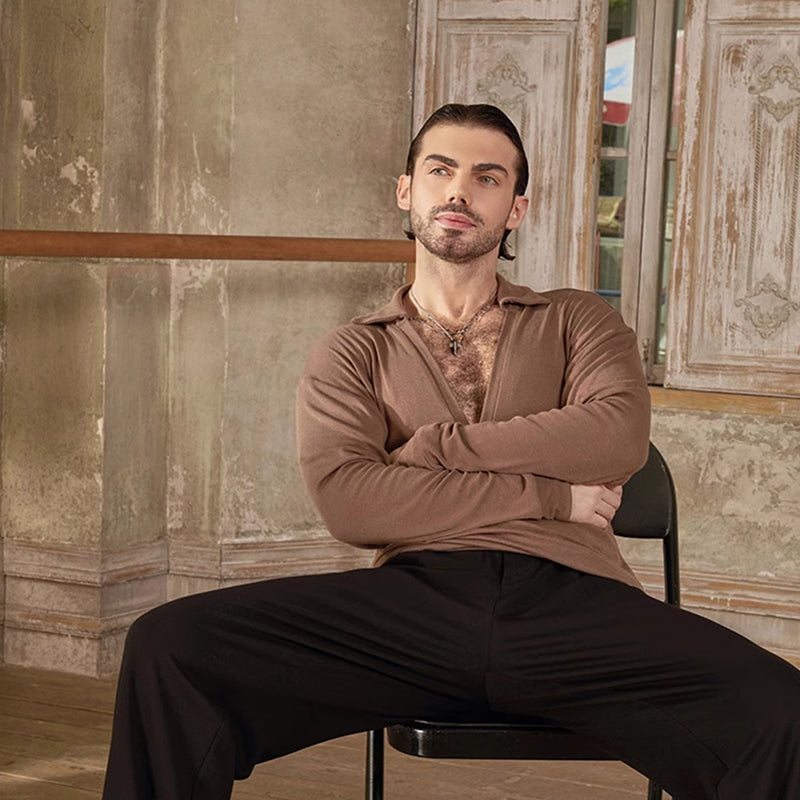 Z Men's Long Sleeve V Neck Latin Dance Tops Dance Wear