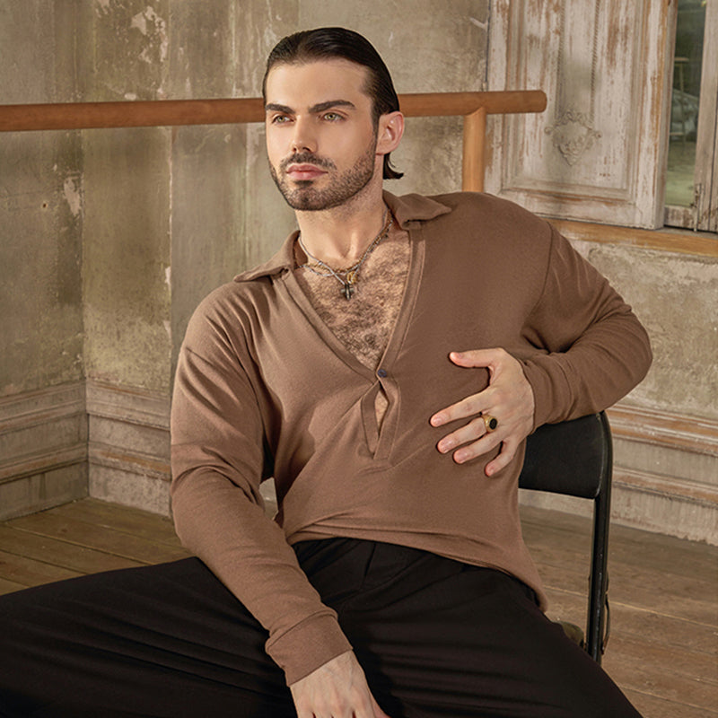 Z Men's Long Sleeve V Neck Latin Dance Tops Dance Wear