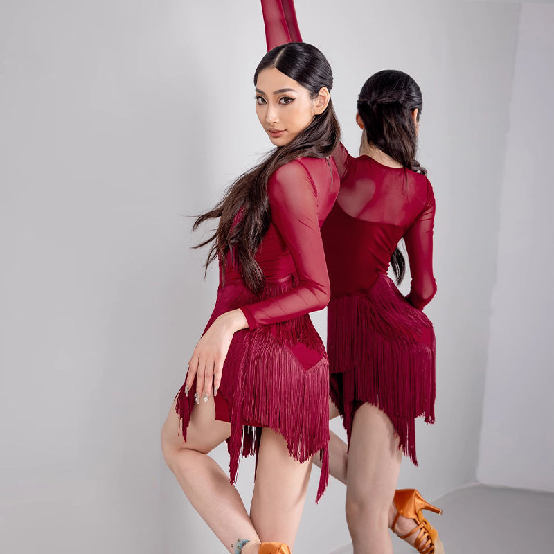 YES Women's Tassel V Neck Dress Dance Wear Training Performance Dress