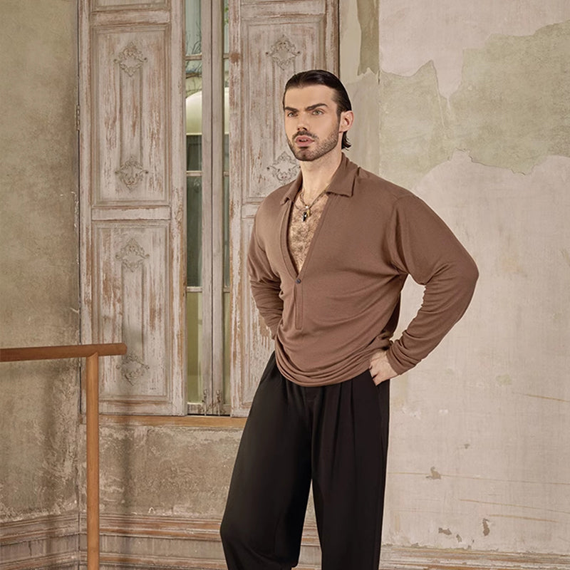 Z Men's Long Sleeve V Neck Latin Dance Tops Dance Wear