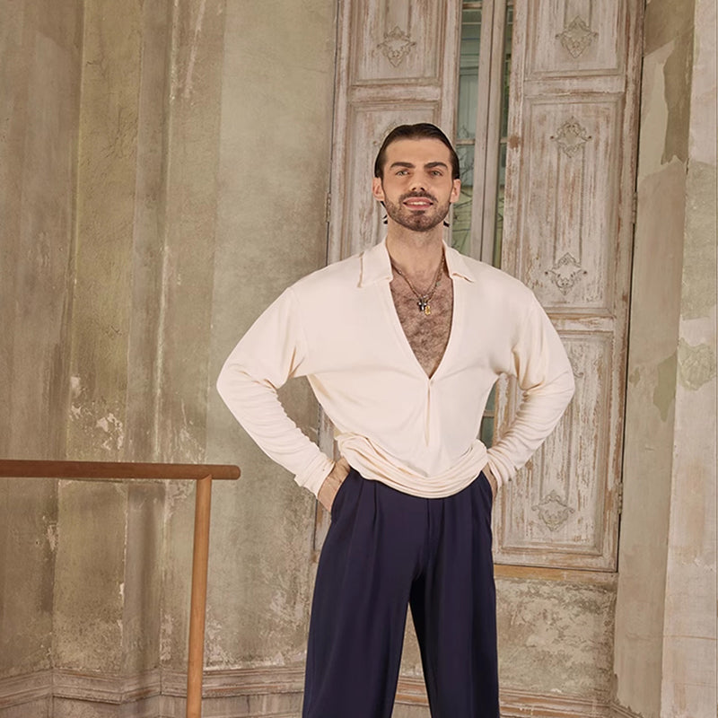 Z Men's Long Sleeve V Neck Latin Dance Tops Dance Wear