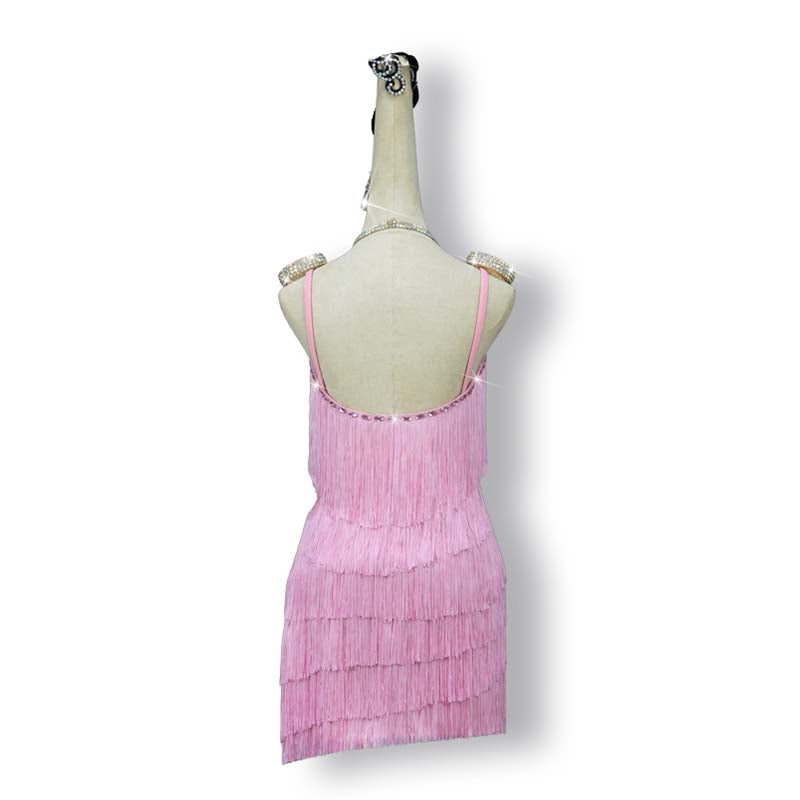 Customisable-Women's Pink Tassel Latin Dance Dress Professional Dance Stage Performance Wear