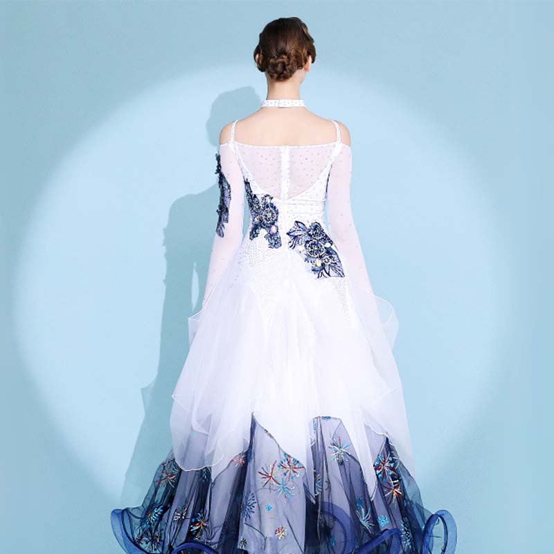 Women's White Lace Diamond Waltz Ballroom Dance Competition Modern Dance Dress