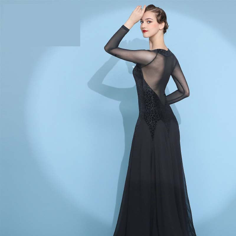 Women's Velvet Long Sleeve Modern Dance Ballroom Dance Waltz Big Swing Dress