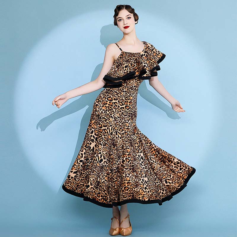 Women's Leopard Print Modern Dance Performance Dress Waltz Ballroom Dance Dress
