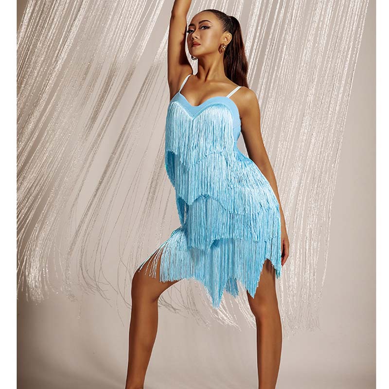 WJJ Women's Skyblue Tassel Latin Dress Dance Wear Training Performance Dress