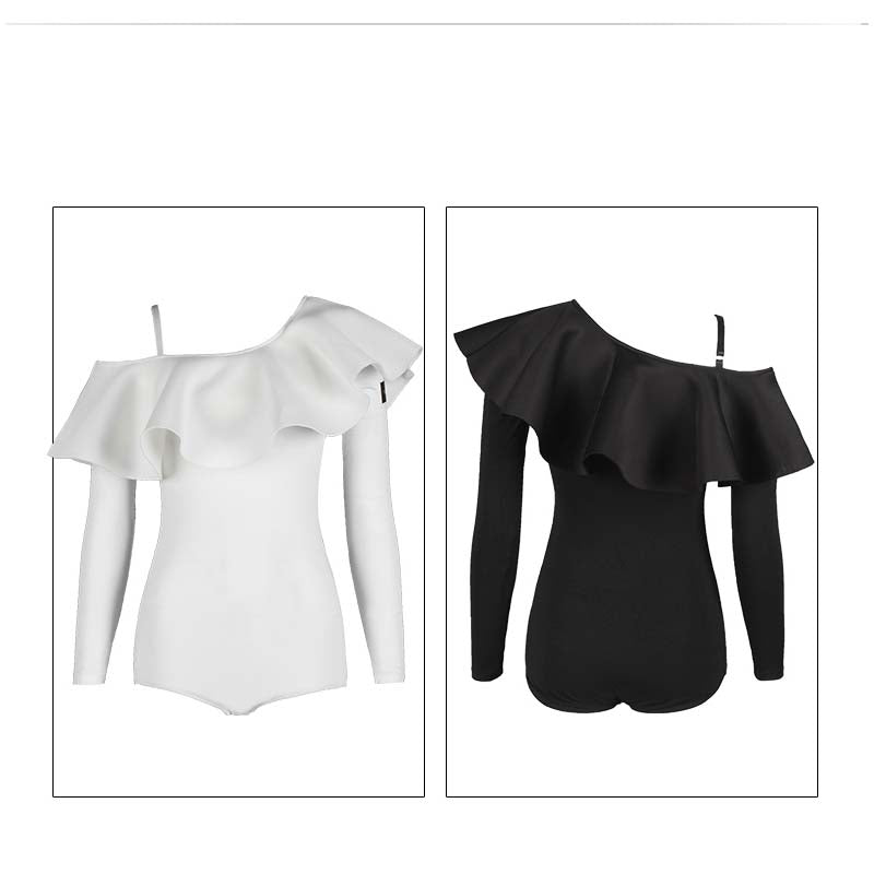 WJJ Ruffled Sloping Shoulder Dance Wear Bodysuit Training Performance Tops