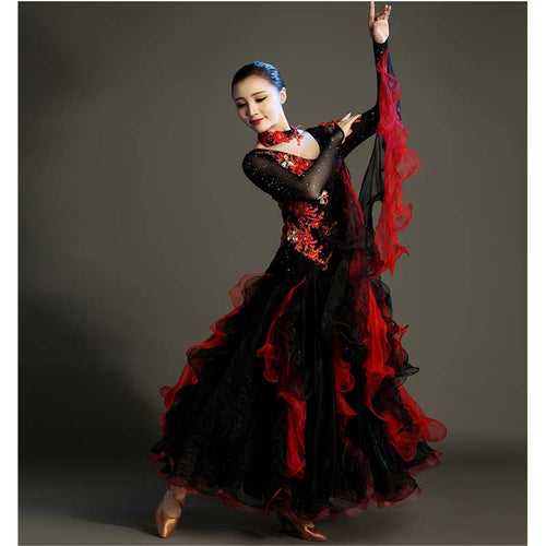 Women's Long Sleeve Lace Diamond Waltz Ballroom Dance Competition Modern Dance Large Swing Dress