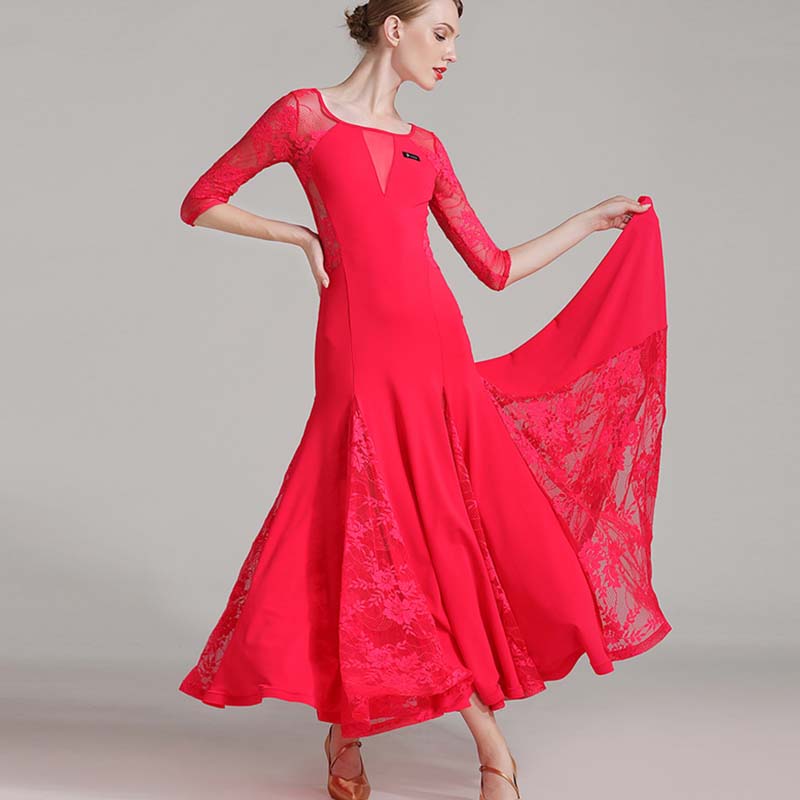 Women's Long Sleeve Lace Modern Dance Dresses Ballroom Dance costume Big Swing Dress