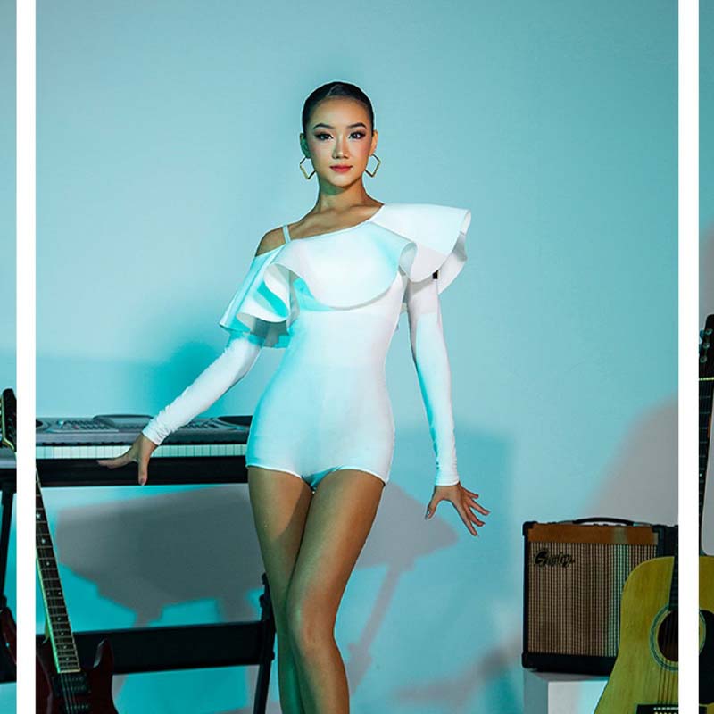 WJJ Ruffled Sloping Shoulder Dance Wear Bodysuit Training Performance Tops