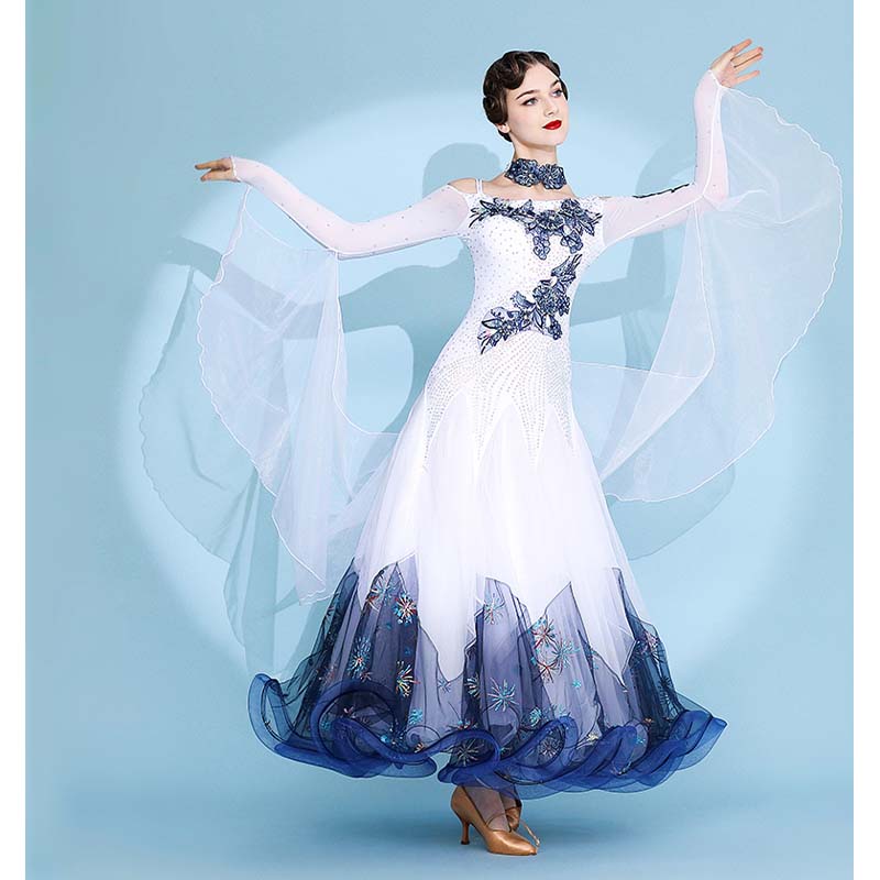 Women's White Lace Diamond Waltz Ballroom Dance Competition Modern Dance Dress