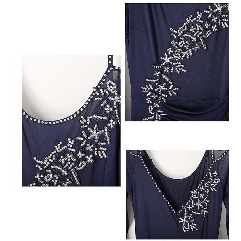 Women's Navy Long Sleeve Sling Modern Dance Dress Ballroom Dancing Costume
