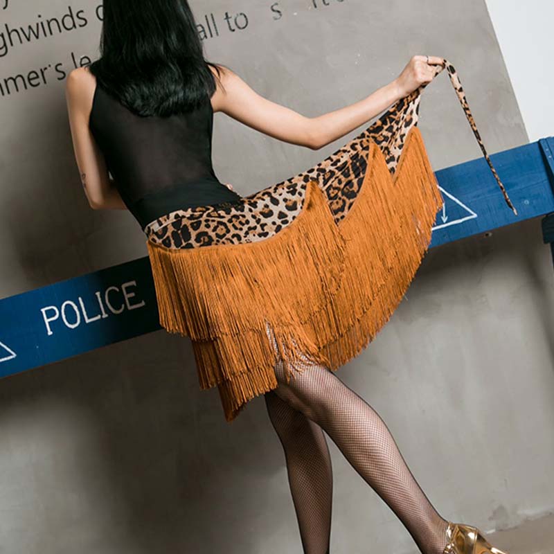 YES Women's Brown Leopard Print One-piece Tassel Latin Dance Skirt Hip Scarf Dancewear Training Skirt