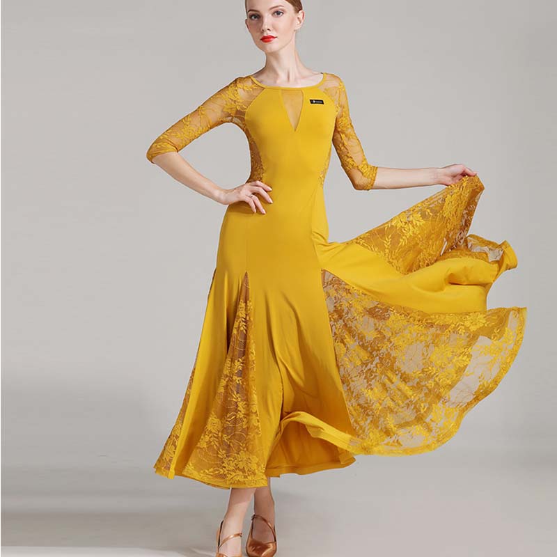 Women's Long Sleeve Lace Modern Dance Dresses Ballroom Dance costume Big Swing Dress