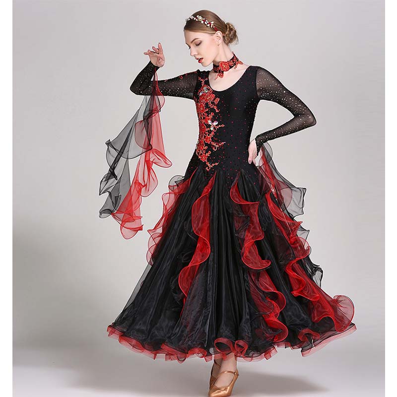 Women's Long Sleeve Lace Diamond Waltz Ballroom Dance Competition Modern Dance Large Swing Dress