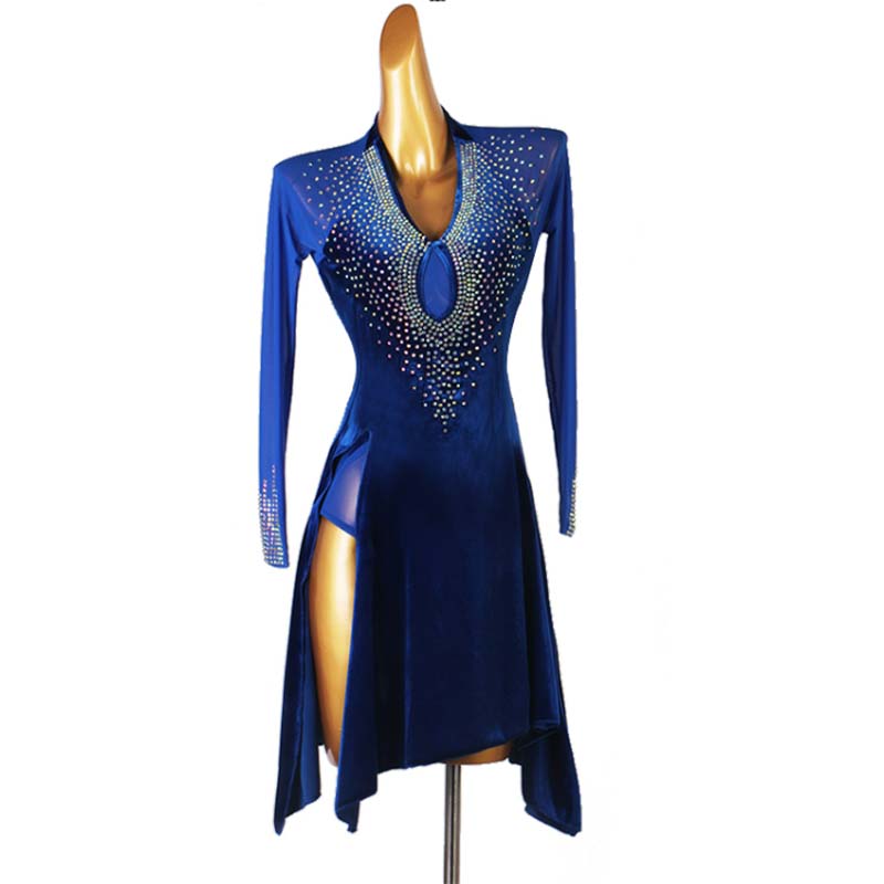 Customisable-Women's Performance Long Sleeve Velvet Tassels Latin Salsa Dance Dress Competition Dress