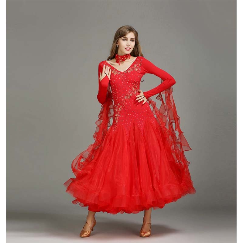 Women's Long Sleeve Waltz Modern Ballroom Dance Dress Competition Dresses