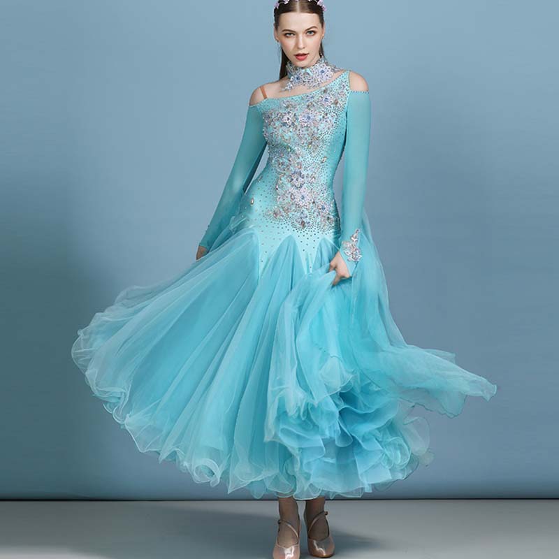 Customisable-Women's Rhinestones Blue Modern Waltz Dress Ballroom Dance Dress Swing Dress Competition Dress