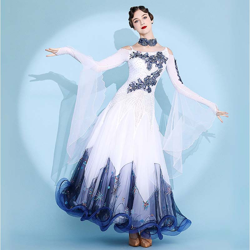 Women's White Lace Diamond Waltz Ballroom Dance Competition Modern Dance Dress
