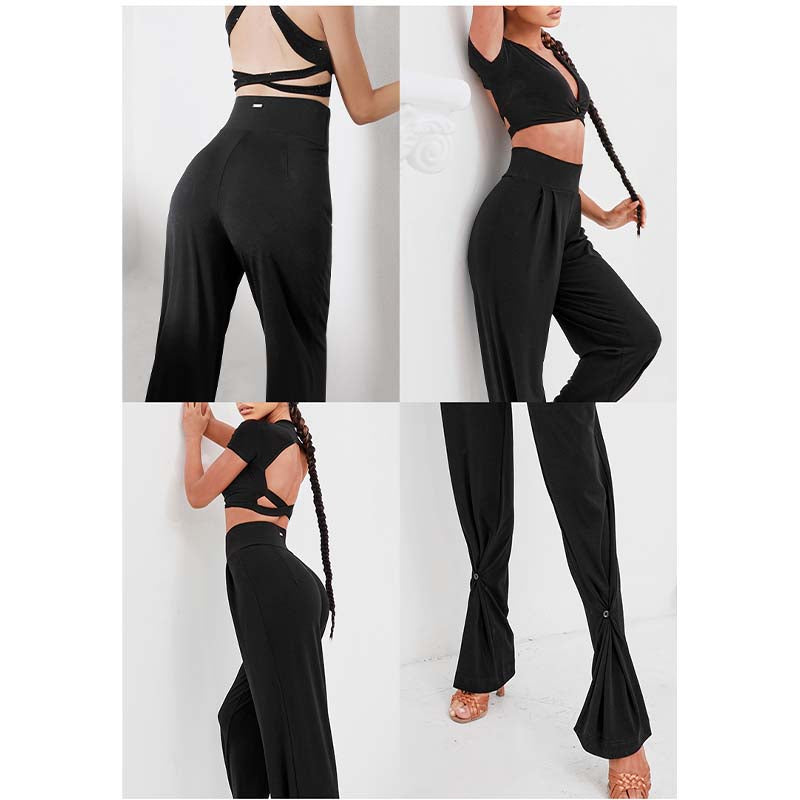 Z Women's Black High Waisted Wide Two Ways To Wear Latin Dance Wear Training Performance Pants