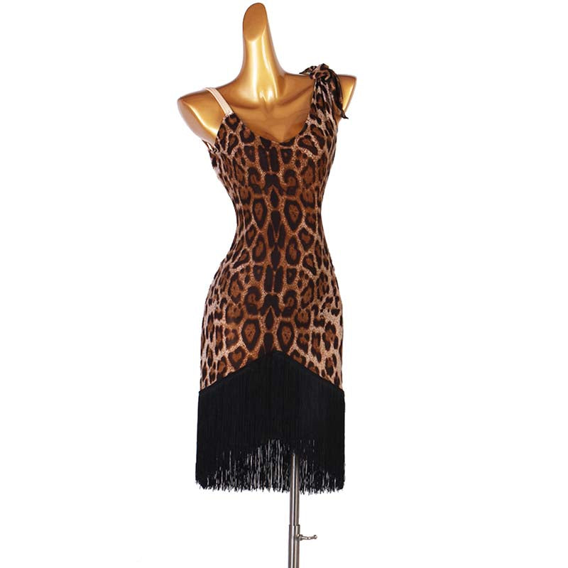 Customisable-Women's leopard Latin Dance Dress Rumba Chacha Samba Cowboy Bullfight Dance Wear Practice Dress