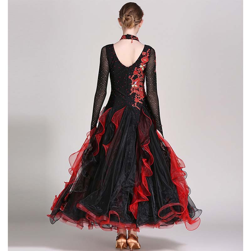 Women's Long Sleeve Lace Diamond Waltz Ballroom Dance Competition Modern Dance Large Swing Dress