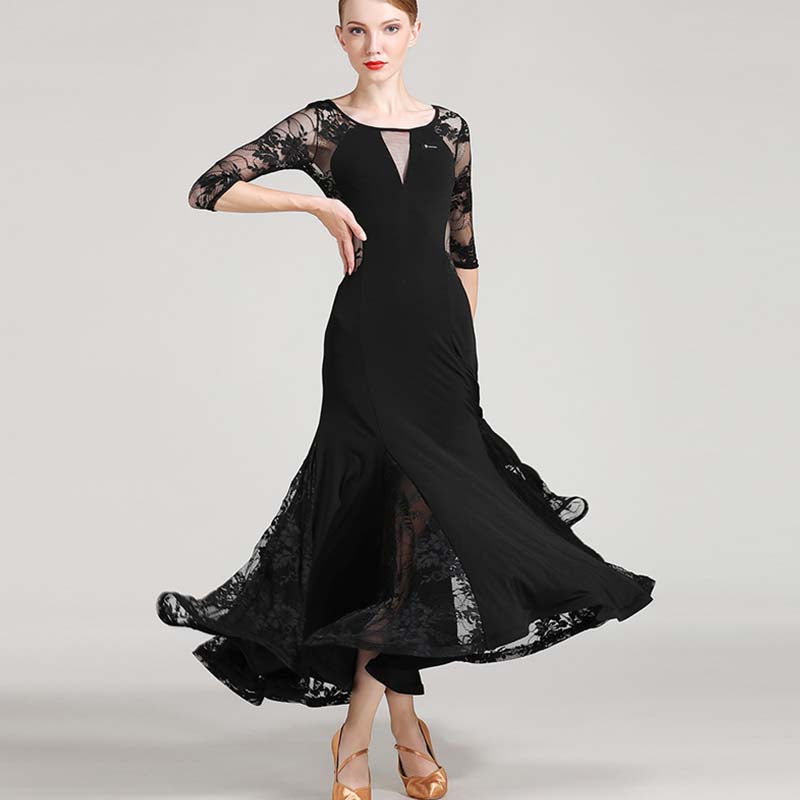 Women's Long Sleeve Lace Modern Dance Dresses Ballroom Dance costume Big Swing Dress