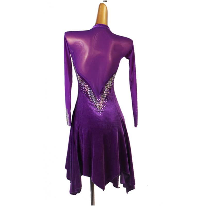 Customisable-Women's Performance Long Sleeve Velvet Tassels Latin Salsa Dance Dress Competition Dress