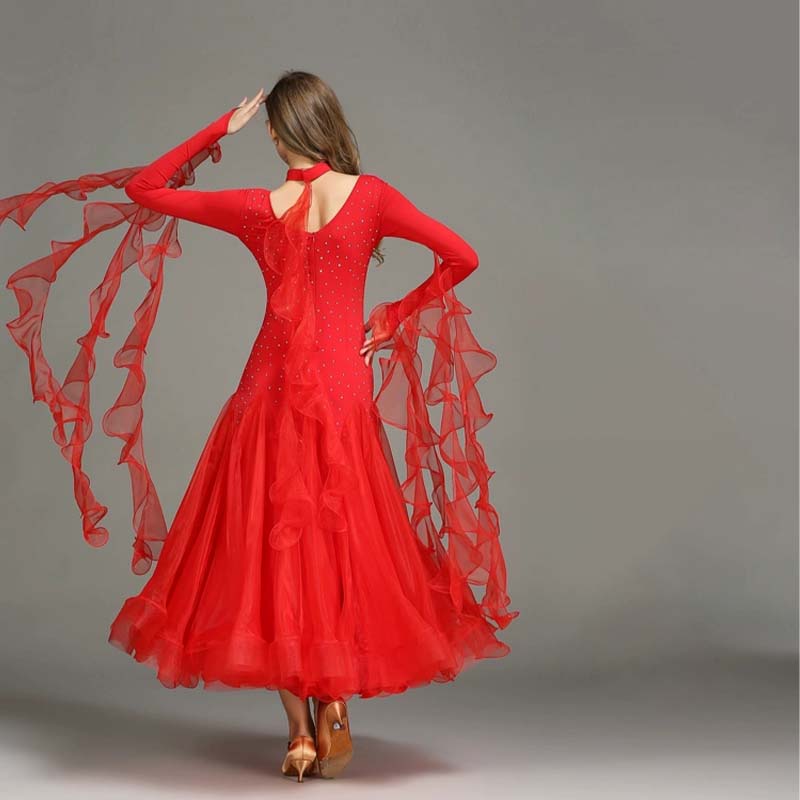 Women's Long Sleeve Waltz Modern Ballroom Dance Dress Competition Dresses