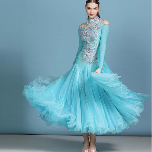 Customisable-Women's Rhinestones Blue Modern Waltz Dress Ballroom Dance Dress Swing Dress Competition Dress