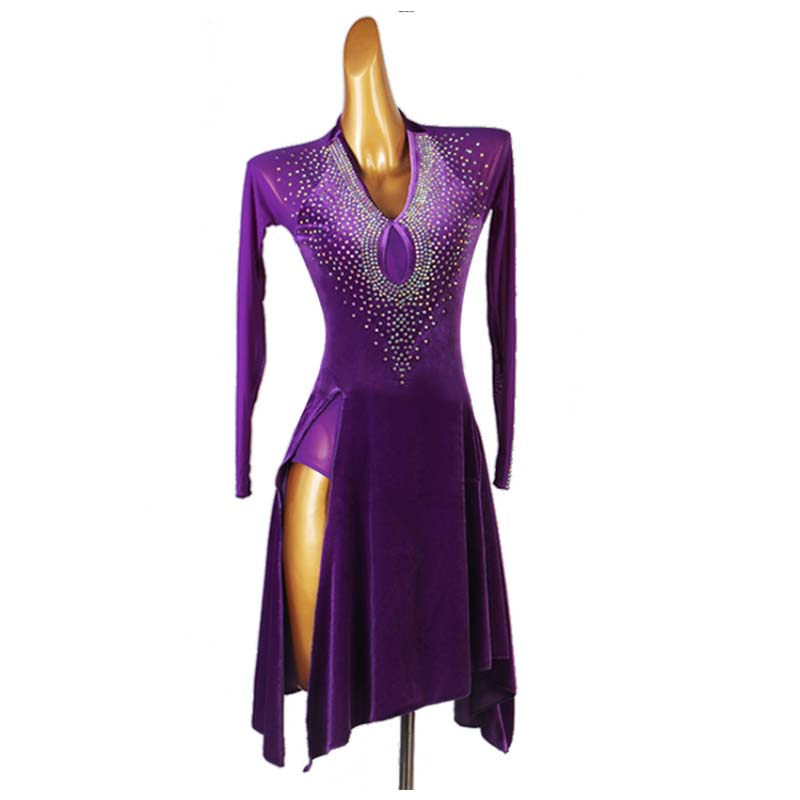 Customisable-Women's Performance Long Sleeve Velvet Tassels Latin Salsa Dance Dress Competition Dress