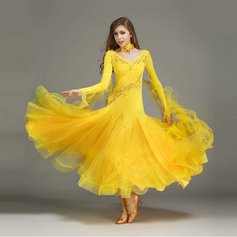 Women's Long Sleeve Waltz Modern Ballroom Dance Dress Competition Dresses
