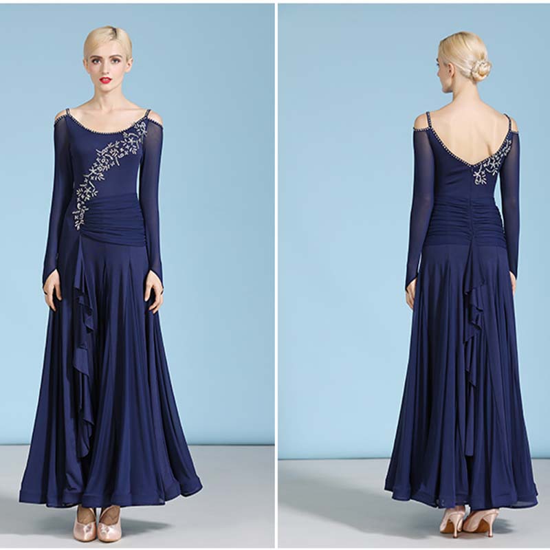 Women's Navy Long Sleeve Sling Modern Dance Dress Ballroom Dancing Costume
