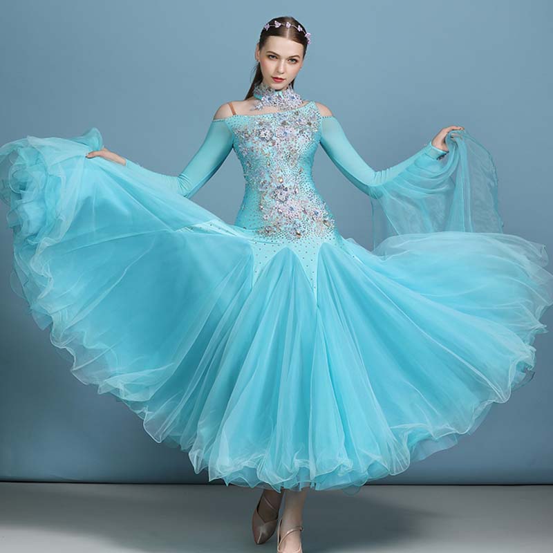 Customisable-Women's Rhinestones Blue Modern Waltz Dress Ballroom Dance Dress Swing Dress Competition Dress