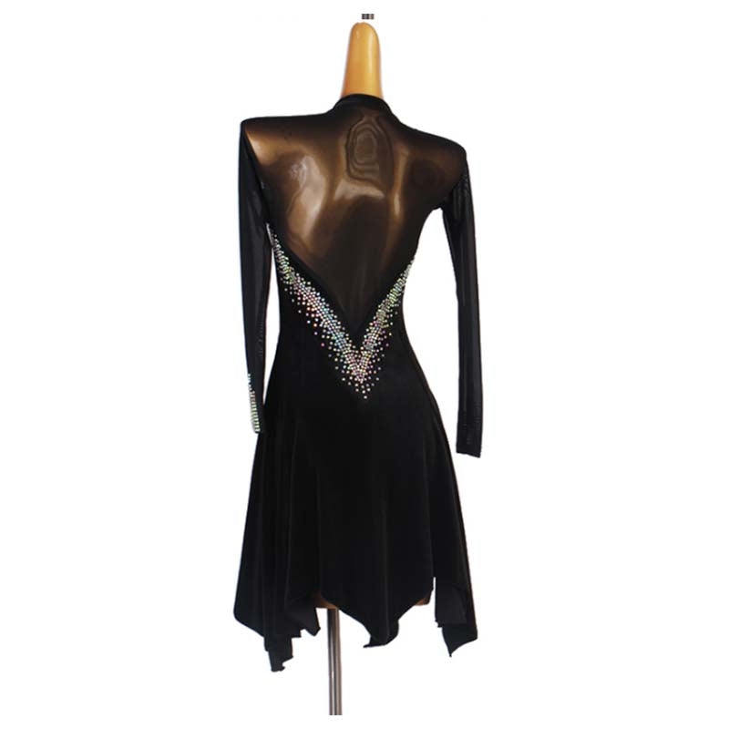 Customisable-Women's Performance Long Sleeve Velvet Tassels Latin Salsa Dance Dress Competition Dress