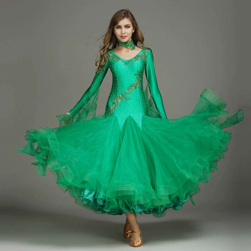 Women's Long Sleeve Waltz Modern Ballroom Dance Dress Competition Dresses