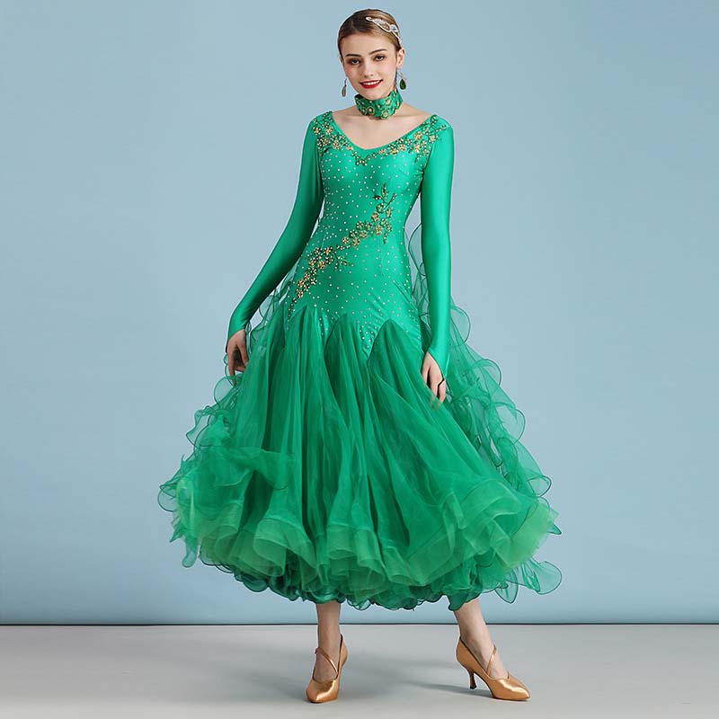Women's Long Sleeve Waltz Modern Ballroom Dance Dress Competition Dresses