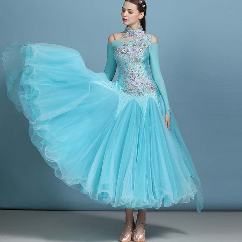 Customisable-Women's Rhinestones Blue Modern Waltz Dress Ballroom Dance Dress Swing Dress Competition Dress