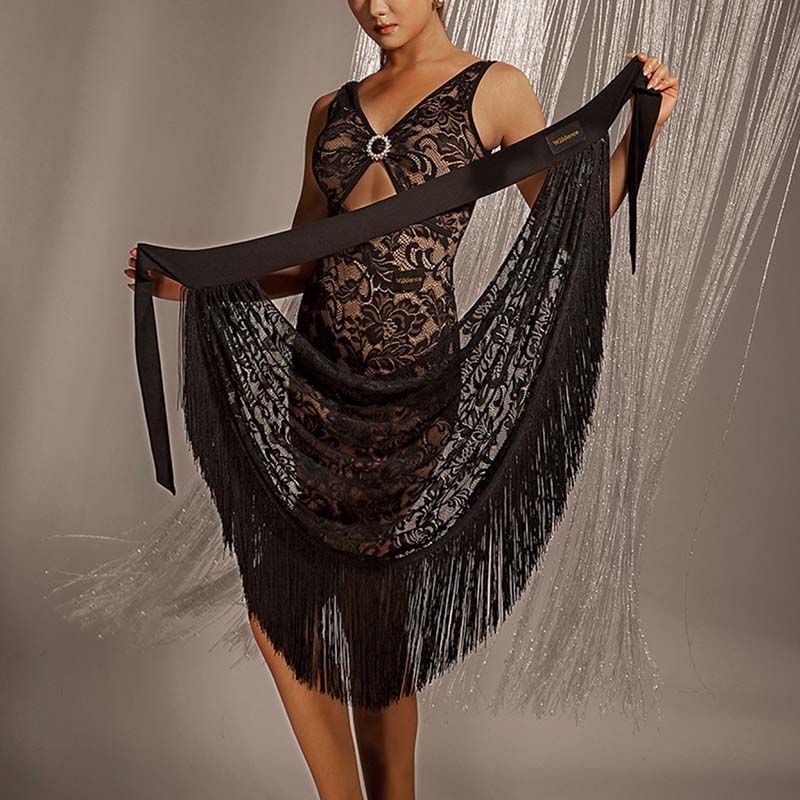 WJJ Women's Lace Tassels Latin Dance Skirt Dance Wear Training Performance Dress