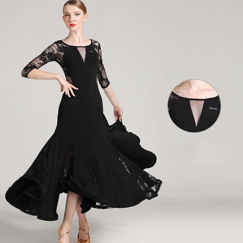 Women's Long Sleeve Lace Modern Dance Dresses Ballroom Dance costume Big Swing Dress