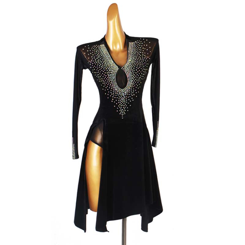Customisable-Women's Performance Long Sleeve Velvet Tassels Latin Salsa Dance Dress Competition Dress