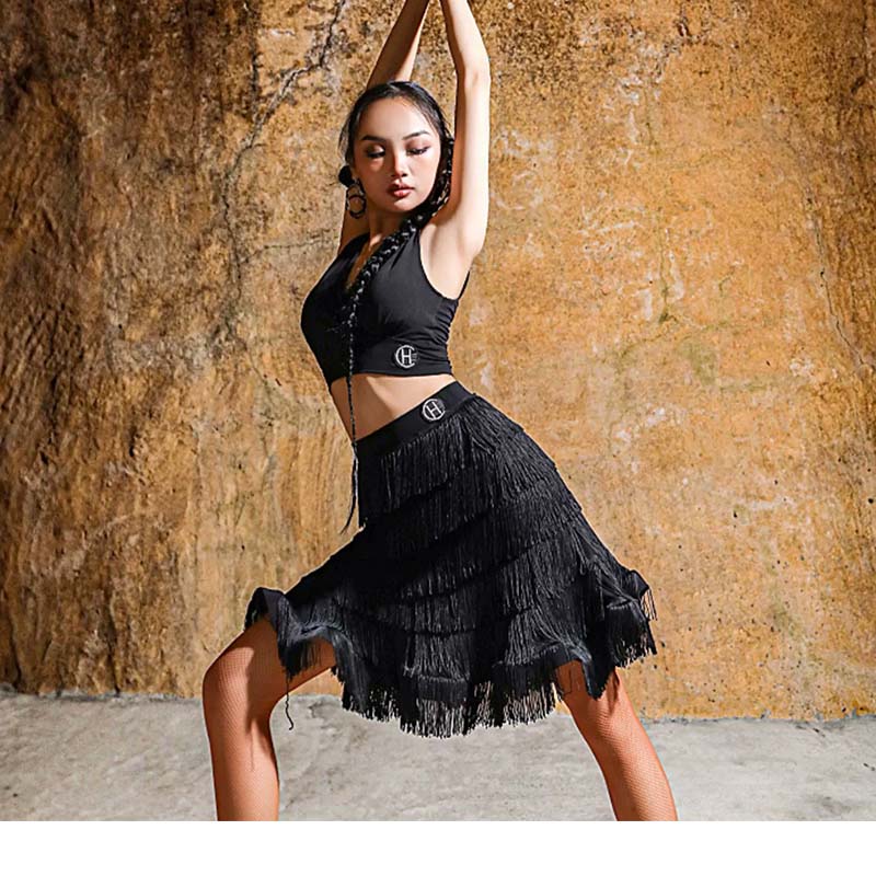 HC- Women's Black Multilayered Tassel Dance Skirts Training Performance Skirts