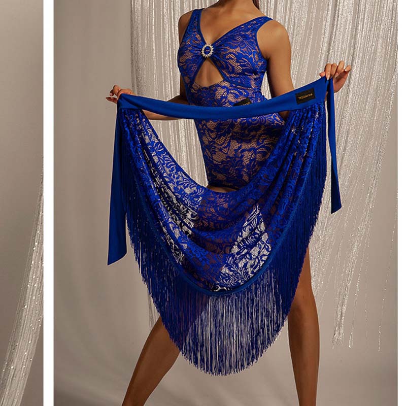 WJJ Women's Lace Tassels Latin Dance Skirt Dance Wear Training Performance Dress