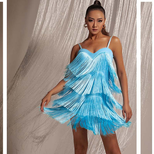 WJJ Women's Skyblue Tassel Latin Dress Dance Wear Training Performance Dress